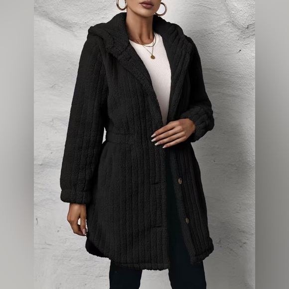 Button Front Hooded Teddy Coat, Casual Solid Long Sleeve Winter Warm Outerwear, - Picture 2 of 3